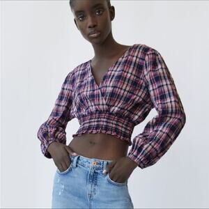 Zara NWT Plaid Purple Smocked Crop Surplice Top Size XS